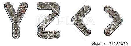 Set of capital letters Y, Z and symbol left and right angle bracket made of industrial metal isolated on white background. 3d Set of capital letters Y, Z and symbol left and right angle bracket made of industrial metal isolated on white background. 3d 71286079