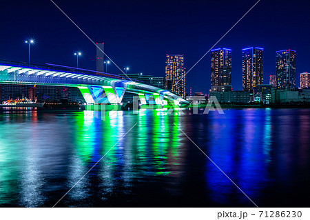 東京 豊洲大橋と高層マンションの夜景 豊洲ぐるり公園より の写真素材