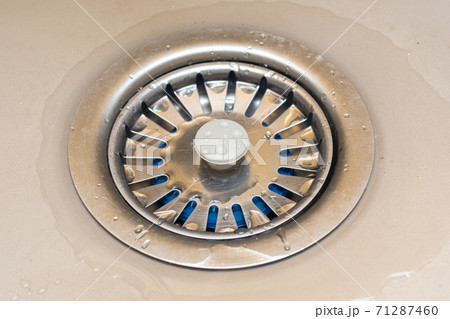 Drain in the sink with a mesh lid close-up Drain in the sink with a mesh lid close-up 71287460