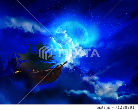 月が輝く夜空に漂う飛行船のファンタジー背景のイラスト素材 7121