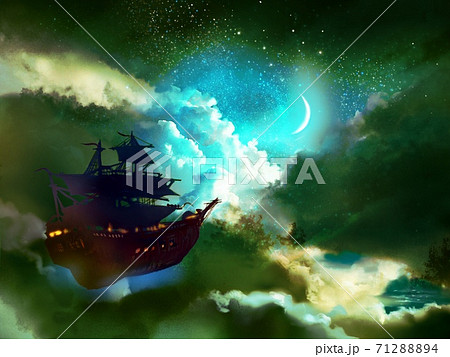 月が輝く夜空に漂う飛行船のファンタジー背景 71288894