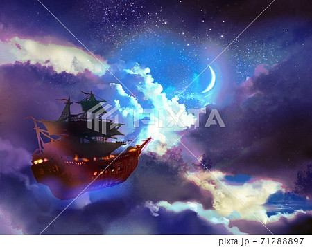 月が輝く夜空に漂う飛行船のファンタジー背景のイラスト素材 7127