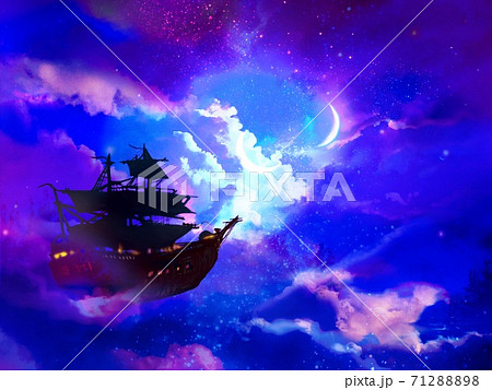 月が輝く夜空に漂う飛行船のファンタジー背景のイラスト素材 7128