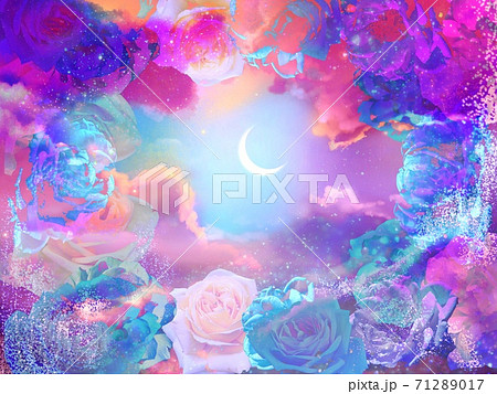 ガーリーな薔薇のフレームとカラフルな夜空と三日月のイラスト 71289017