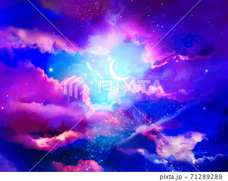 輝く青い三日月と幻想的な月光と夕焼けの背景のイラスト素材 7122