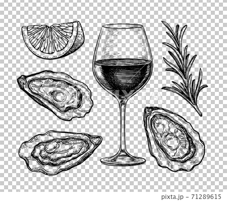 Ink sketch of wineglass and oysters. Ink sketch of wineglass and oysters. 71289615
