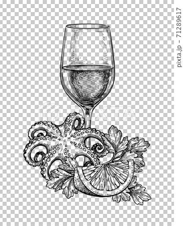 Ink sketch of wineglass and seafood. 71289617
