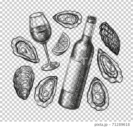 Ink sketch of wine and oysters. 71289618