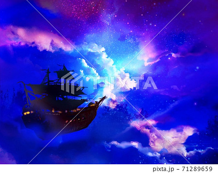 幻想的な夜空に浮かぶ海賊船と月光のシルエットのイラスト素材