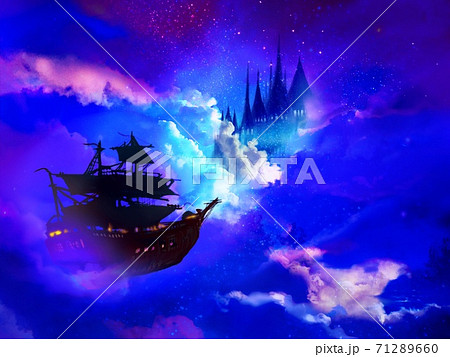幻想的な夜空に浮かぶ海賊船と月と西洋の城のシルエットのイラスト素材