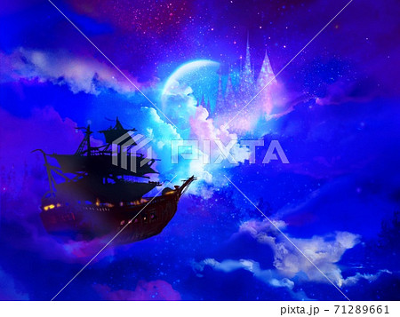 幻想的な夜空に浮かぶ海賊船と月と西洋の城のシルエットのイラスト素材