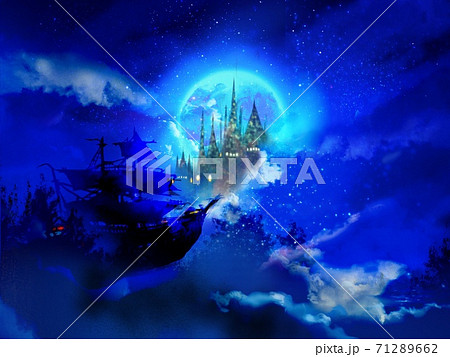 幻想的な夜空に浮かぶ海賊船と月と西洋の城のシルエット 71289662