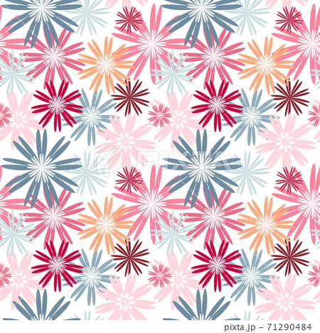 Summer seamless print of multicolored flowers. Geometric small and large flowers. Blue, pink, Burgundy, orange pastel colors. Decoration for Wallpaper, paper. Can be used for fabric design Summer seamless print of multicolored flowers. Geometric small and large flowers. Blue, pink, Burgundy, orange pastel colors. Decoration for Wallpaper, paper. Can be used for fabric design 71290484