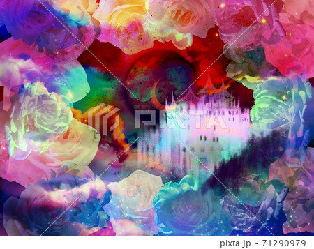 怪しいカラフルな薔薇のフレームと西洋のお城の夜景 71290979