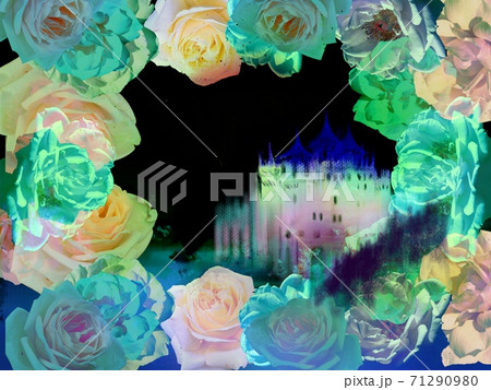 怪しいカラフルな薔薇のフレームと西洋のお城が輝く夜景のイラスト素材