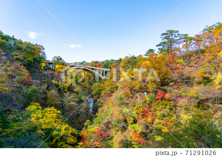 【宮城県】爽やかな青空と鮮やかな紅葉の鳴子峡 71291026