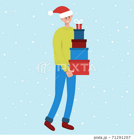Smiling man in santa hat carrying tall stack of colored gift boxes. Preparing for Christmas and New Year celebration. Vector illustration in flat style Smiling man in santa hat carrying tall stack of colored gift boxes. Preparing for Christmas and New Year celebration. Vector illustration in flat style 71291207