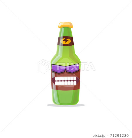 vector cartoon funky beer bottle character with sunglasses isolated on white background. Vector funny beer label or poster design template. International beer day cartoon comic poster or banner 71291280