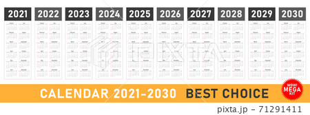 Mega calendar on 2021, 2022, 2023, 2024, 2025, 2026, 2027 , 2028, 2029, 2030 years. Week starts from Sunday. Calendar layout. Stationery template. Yearly organizer for weeks in minimal design. Mega calendar on 2021, 2022, 2023, 2024, 2025, 2026, 2027 , 2028, 2029, 2030 years. Week starts from Sunday. Calendar layout. Stationery template. Yearly organizer for weeks in minimal design. 71291411