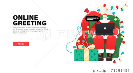 Happy Santa Claus working with laptop in cozy, armchair, takes orders, greeting online, checks mail or Answering on children's requests via laptop. Landing page with gifts, garlands around Santa. Happy Santa Claus working with laptop in cozy, armchair, takes orders, greeting online, checks mail or Answering on children's requests via laptop. Landing page with gifts, garlands around Santa. 71291432