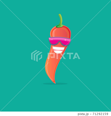 vector funny cartoon red hot chilli pepper character with sunglasses isolated on azure background. funky smiling cute mexican paprika pepper vegetable character. 71292159