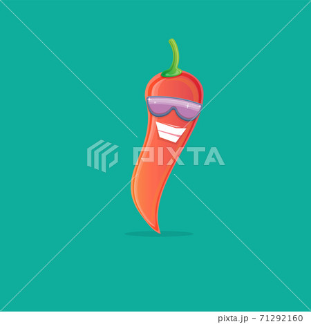 vector funny cartoon red hot chilli pepper character with sunglasses isolated on azure background. funky smiling cute mexican paprika pepper vegetable character. 71292160