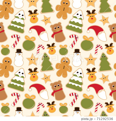 Christmas cookies seamless pattern on light yellow background for wrapping paper or textile, cute sweets Christmas cookies seamless pattern on light yellow background for wrapping paper or textile, cute sweets 71292536