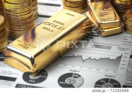 Gold bar, ingots and coins on financial report. Growth of gold on stock market concept. Gold bar, ingots and coins on financial report. Growth of gold on stock market concept. 71292688