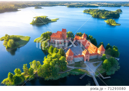 Summer sunrise. Aerial view of historical sightseeing Lithuania. 71293080