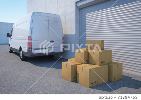 delivery van with a paper box near warehouse, 3d rendering 71294765