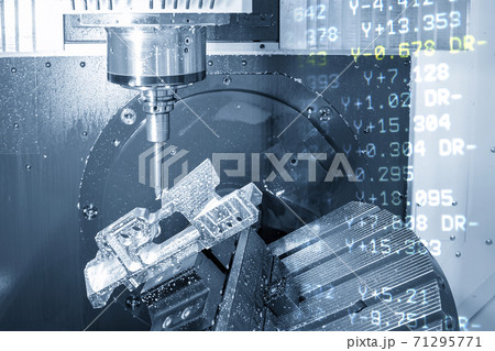 The abstract scene of 5 axis CNC milling machine cutting the aerospace part . 71295771