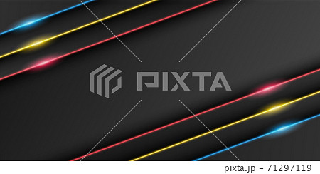 Abstract metallic black frame background, triangular overlap layer with red, yellow, blue light line, diagonal shape, dark minimal design with copy space, vector illustration Abstract metallic black frame background, triangular overlap layer with red, yellow, blue light line, diagonal shape, dark minimal design with copy space, vector illustration 71297119