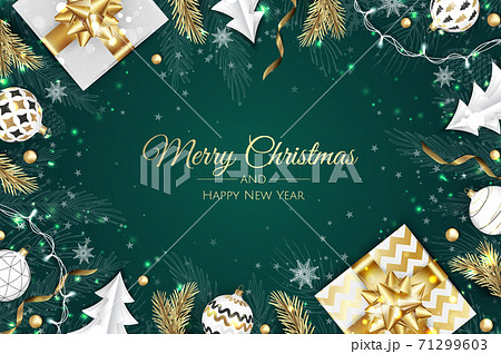 Christmas vector background. Creative design greeting card, banner, poster. Top view gift box, xmas decoration balls and snowflakes. 71299603