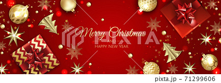 Christmas vector background. Creative design greeting card, banner, poster. Top view gift box, xmas decoration balls and snowflakes. Christmas vector background. Creative design greeting card, banner, poster. Top view gift box, xmas decoration balls and snowflakes. 71299606