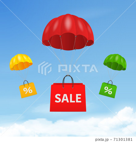 Vector 3d Realistic Flying Parachute with Paper Shopping Bag on Blue Sky Background. Sale Concept. Design Template for Delivery Services, Post, E-Commerce, Web Banner Vector 3d Realistic Flying Parachute with Paper Shopping Bag on Blue Sky Background. Sale Concept. Design Template for Delivery Services, Post, E-Commerce, Web Banner 71301381