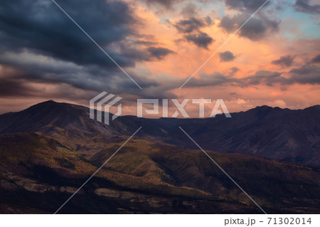 Aerial View of Scenic Landscape and Mountains on a Cloudy Fall Season 71302014