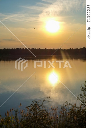 Dramatic sunset over a forest lake 71302283