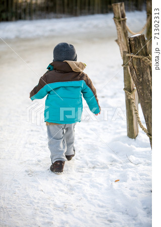 Child playing with snow in winter.  71302313