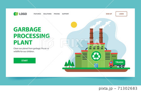 Landing page for recycling. green plant with chimneys and smoke.  71302683