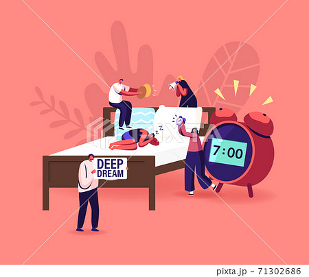 Deep Sleep Phase, Dreaming or Nap. Tiny Male and Female Characters Wake Up Man Sleeping on Bed with Huge Alarm Clock 71302686
