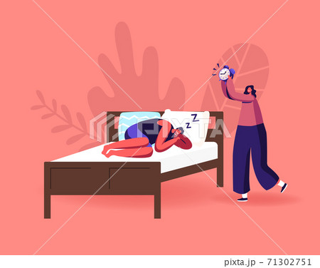 Night Rest, Dream or Bedding Time Concept. Man Wearing Pajama Sleep on Bed Ignoring Alarm Clock. Male Character Sleeping 71302751