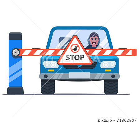a barrier blocks the way to the car. upset driver. stop sign.  71302807