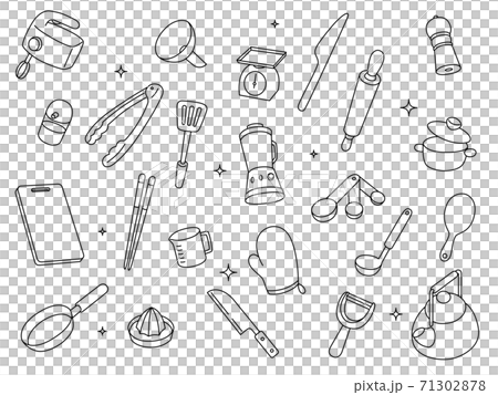 日用品，插圖，yakan，筷子，手套，鉗子，攪打機，胡椒磨，麵條，測量儀器，切菜板等。 71302878