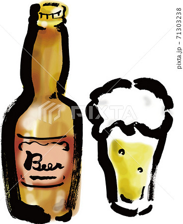 茶色の瓶ビールとグラスに入ったビールの手描きイラストのイラスト素材