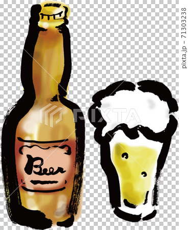茶色の瓶ビールとグラスに入ったビールの手描きイラストのイラスト素材