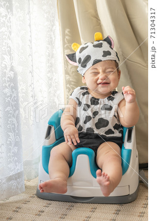 牛のコスプレをして窓辺でベビーチェアに座る赤ちゃん 牛のコスプレをして窓辺でベビーチェアに座る赤ちゃん 71304317