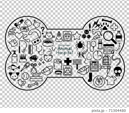 ホネの形のモノクロの動物病院関連のアイコンセットのイラスト素材
