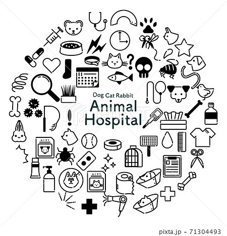 円形でモノクロの動物病院関連のアイコンセット 円形でモノクロの動物病院関連のアイコンセット 71304493