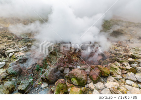 Picturesque view of volcanic landscape, aggressive hot spring, eruption fumarole, gas-steam activity in crater active volcano Picturesque view of volcanic landscape, aggressive hot spring, eruption fumarole, gas-steam activity in crater active volcano 71305789