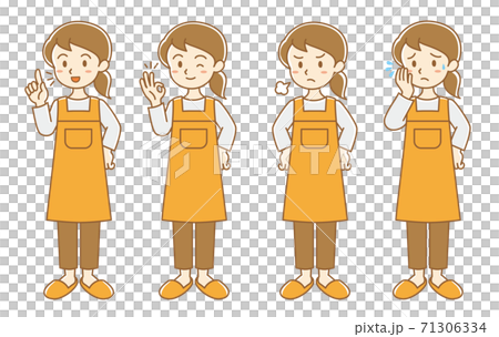 Apron housewife facial expression pose illustration set / white background 71306334
